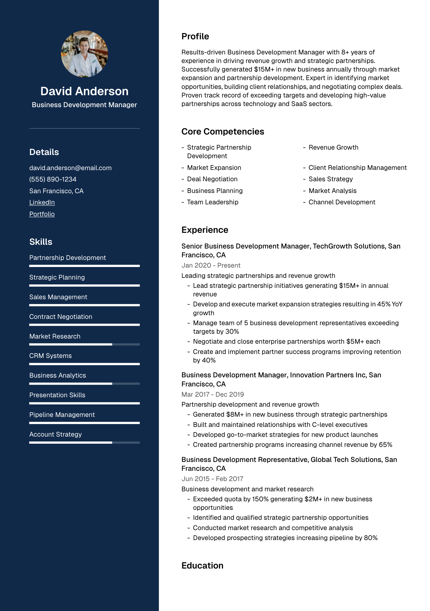 Business Development Manager Resume - Business Development Manager David Anderson 