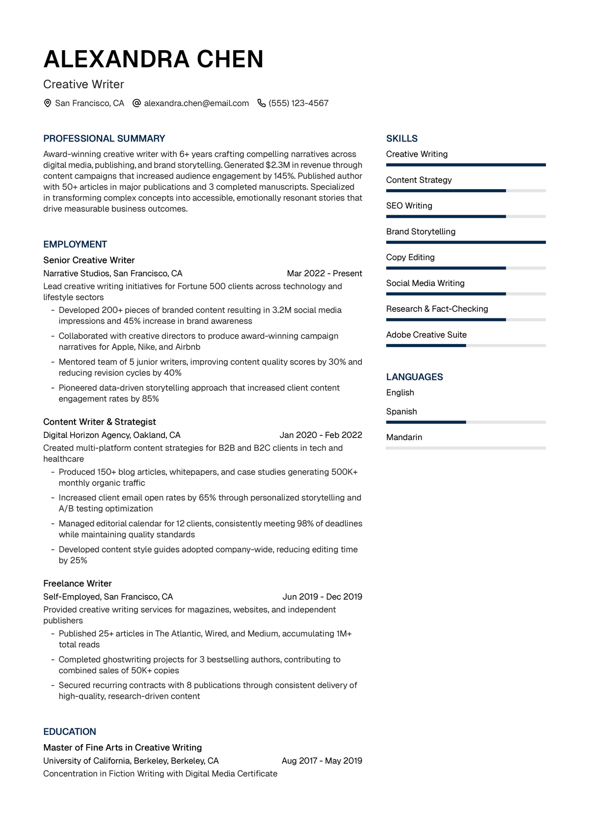 Creative Writer Resume Example & Writing Guide | UseResume