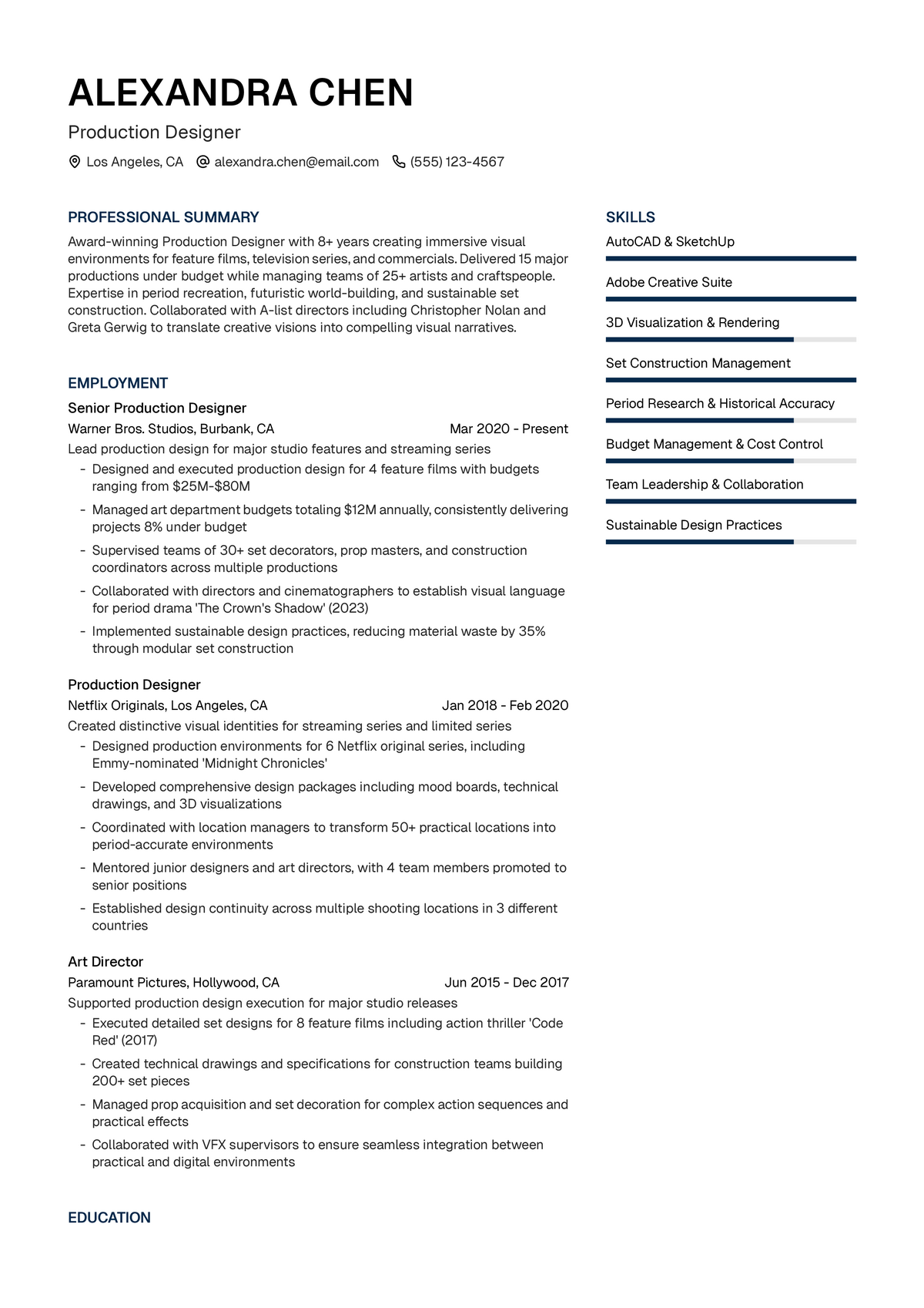 Production Designer Resume Example & Writing Guide | UseResume AI ...