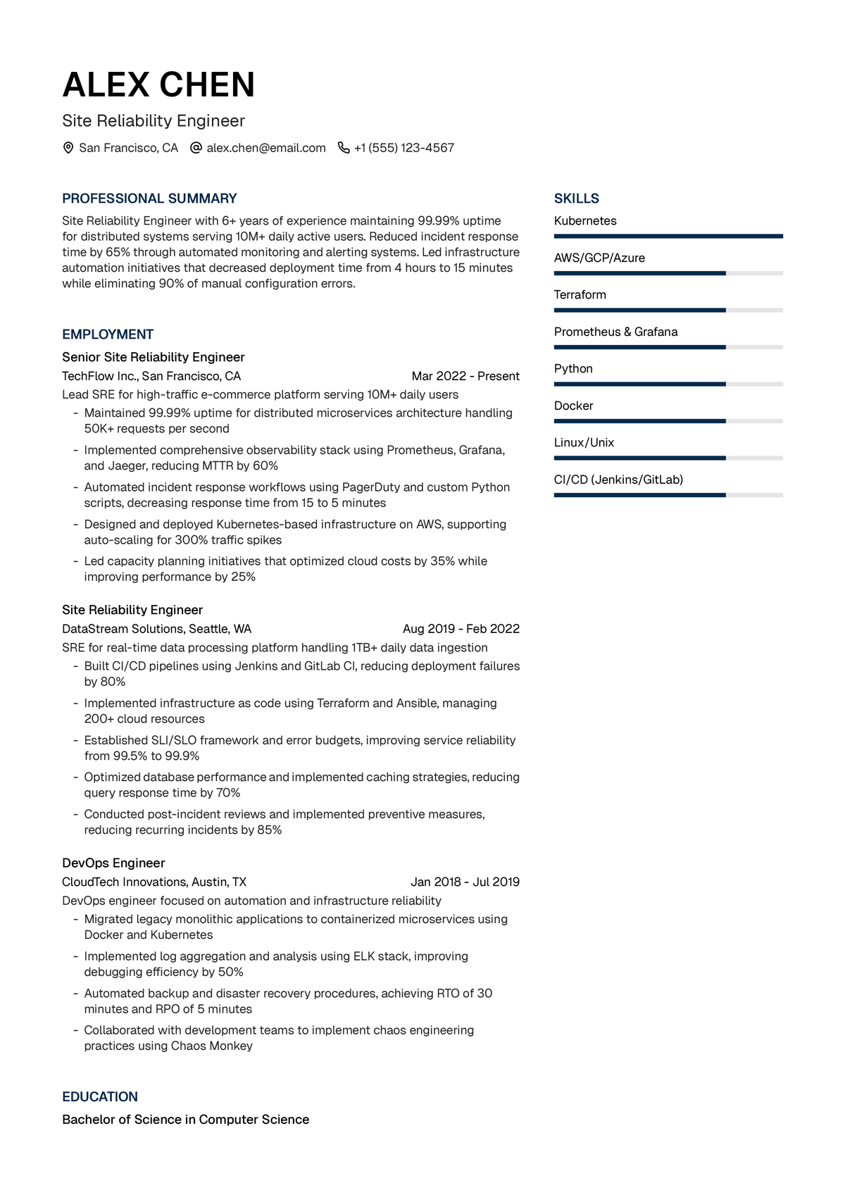 Site Reliability Engineer Resume Example & Writing Guide | UseResume AI | UseResume AI